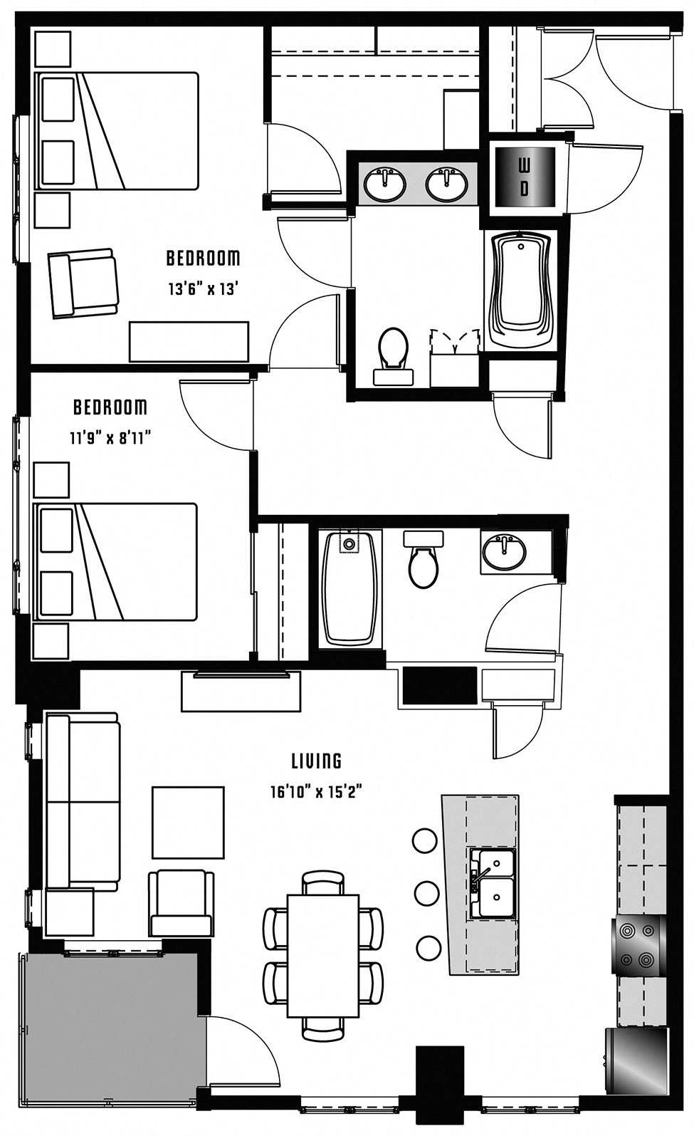 Floor plan for 2 beds, 2 baths, 1138 sqft