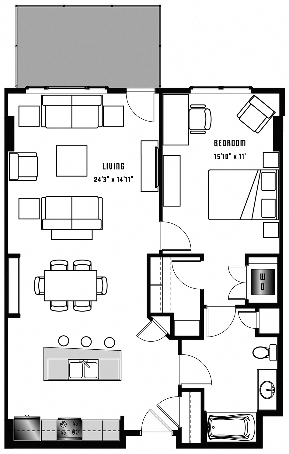 Floor plan for 1 bed, 1 bath, 964 sqft