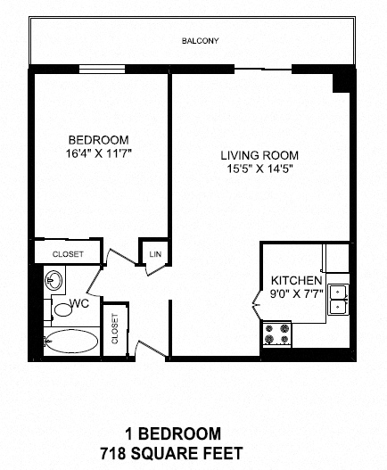 Floor plan for 1 bed, 1 bath, 722 sqft