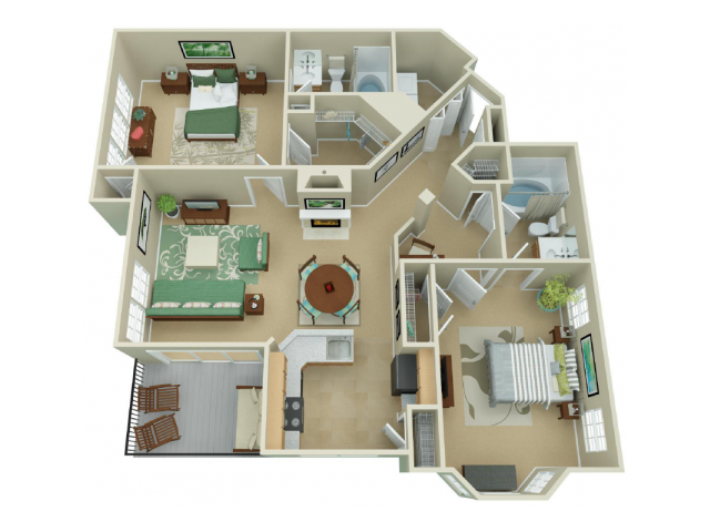 Floor plan for 2 beds, 2 baths, 1240 sqft