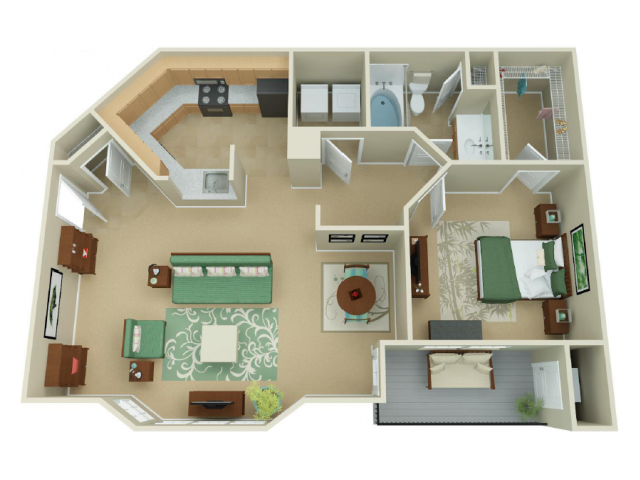 Floor plan for 1 bed, 1 bath, 886 sqft