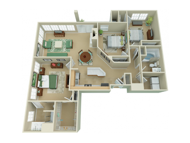 Floor plan for 3 beds, 2 baths, 1407 sqft