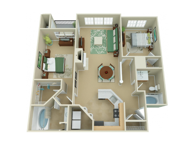 Floor plan for 2 beds, 2 baths, 1157 sqft