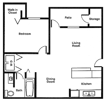 Floor plan for 1 bed, 1 bath, 703 sqft
