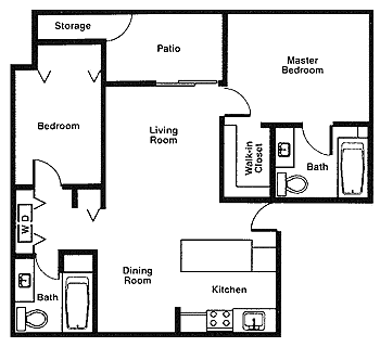 Floor plan for 2 beds, 2 baths, 935 sqft