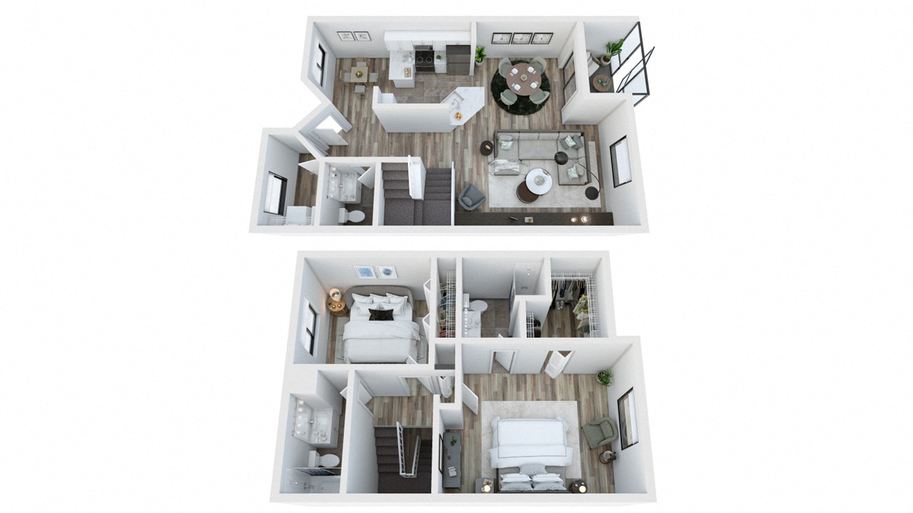 Floor plan for 2 beds, 2.5 baths, 1375 sqft