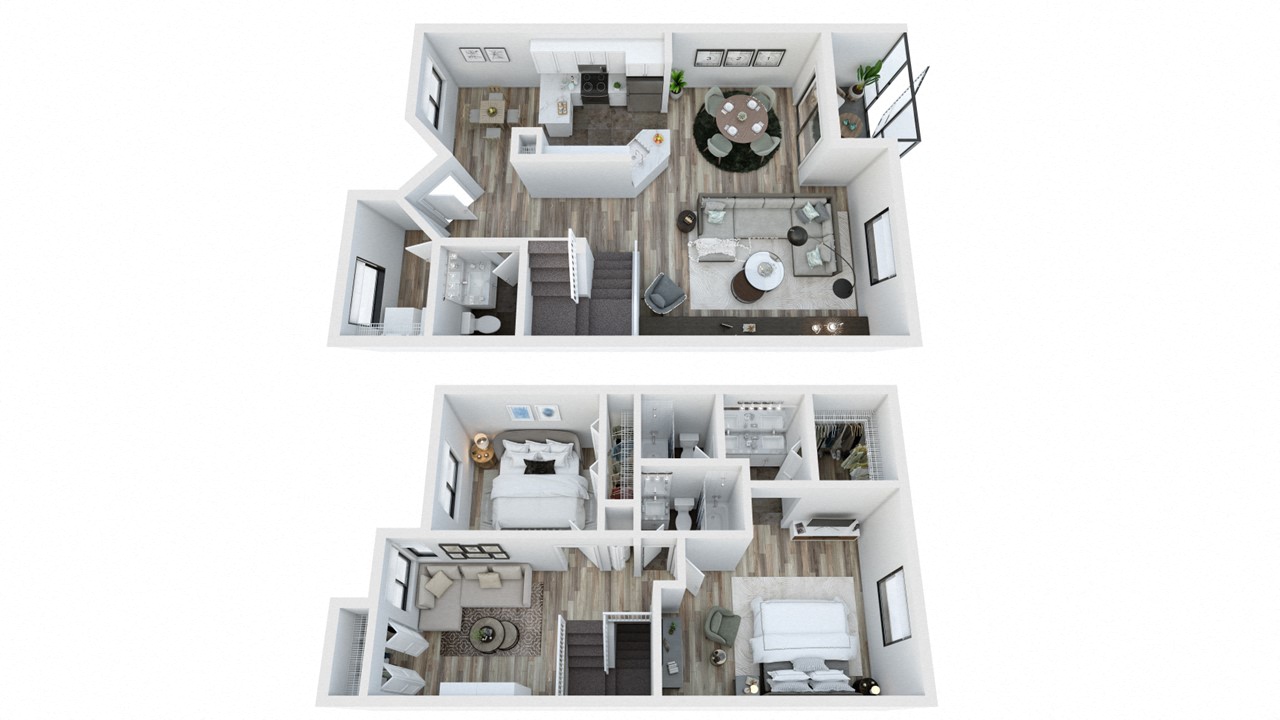 Floor plan for 2 beds, 2.5 baths, 1400 sqft