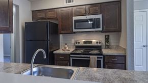 Altamonte Springs apartment for rent - a kitchen with stainless steel appliances and wooden cabinets