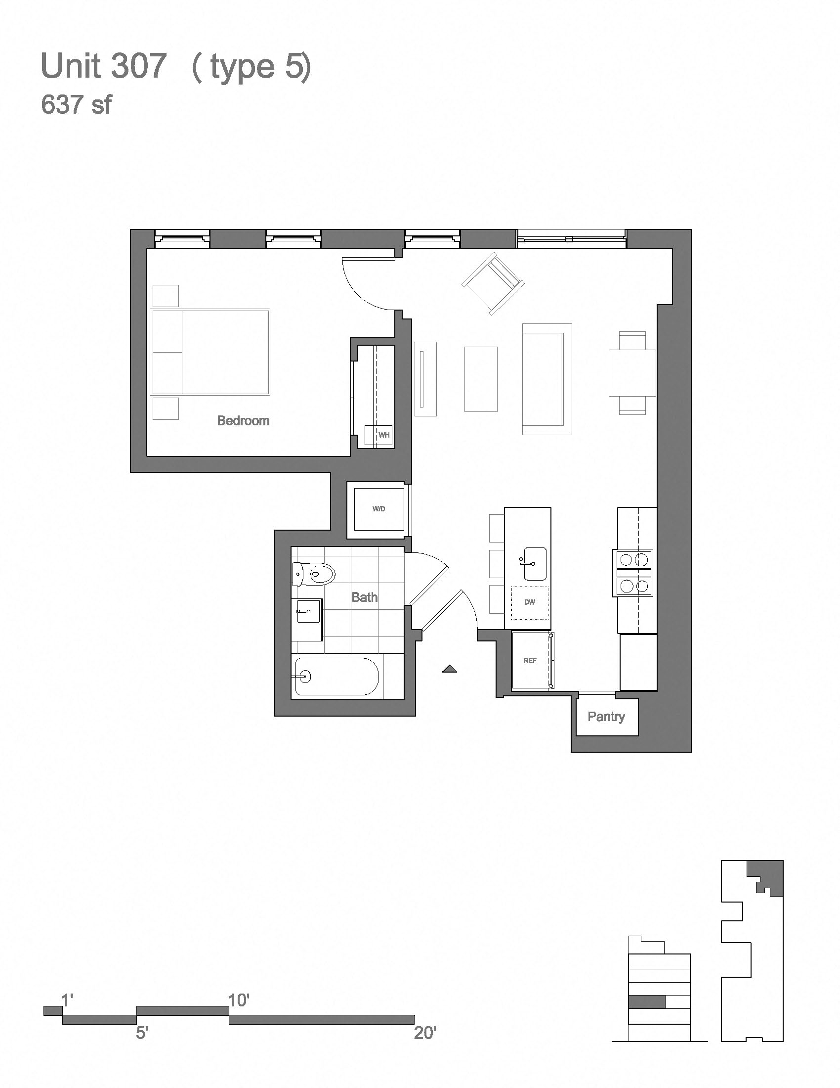 Floor plan for 1 bed, 1 bath, 719 sqft