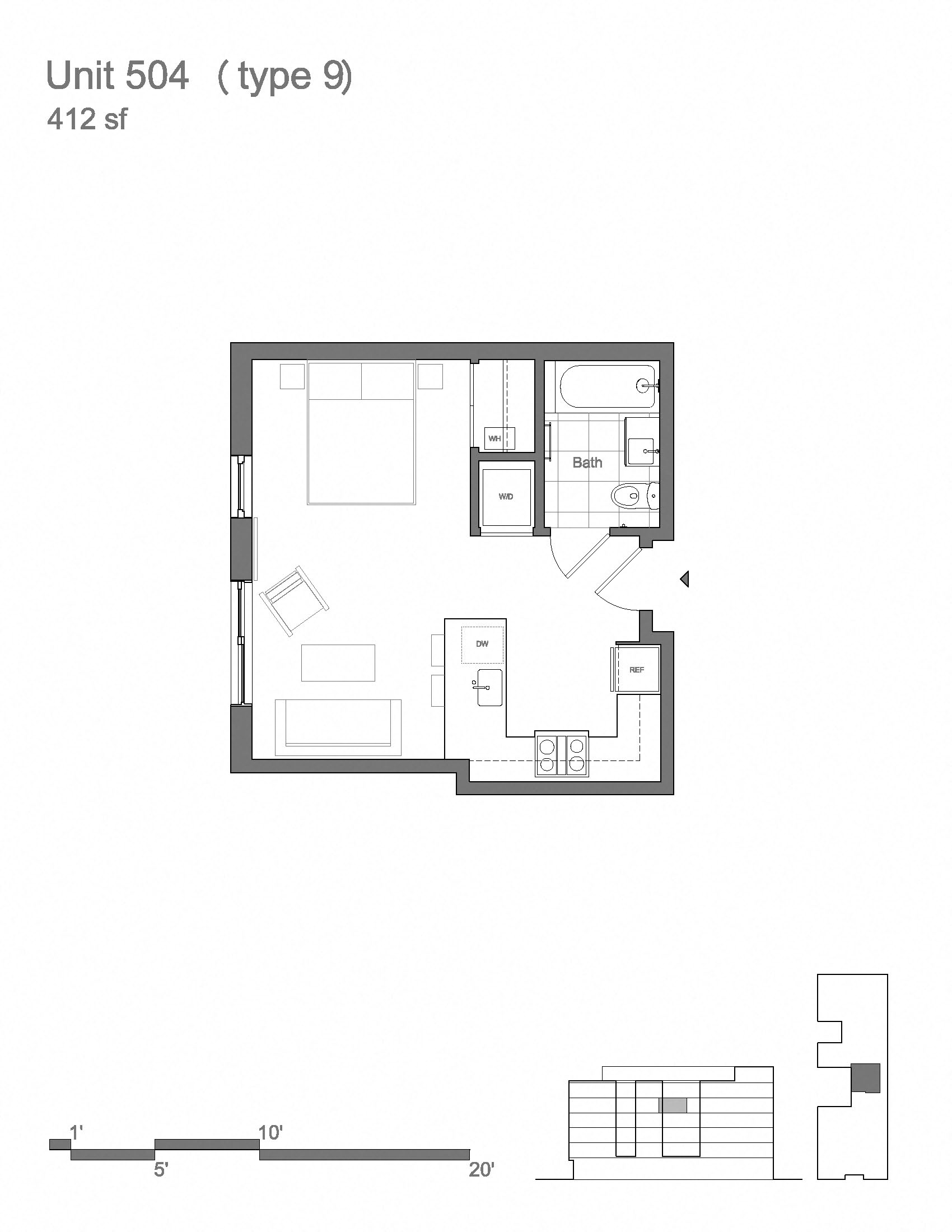 Floor plan for studio, 1 bath, 719 sqft