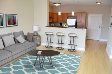 Boston apartment for rent - a living room and kitchen with a couch and a table