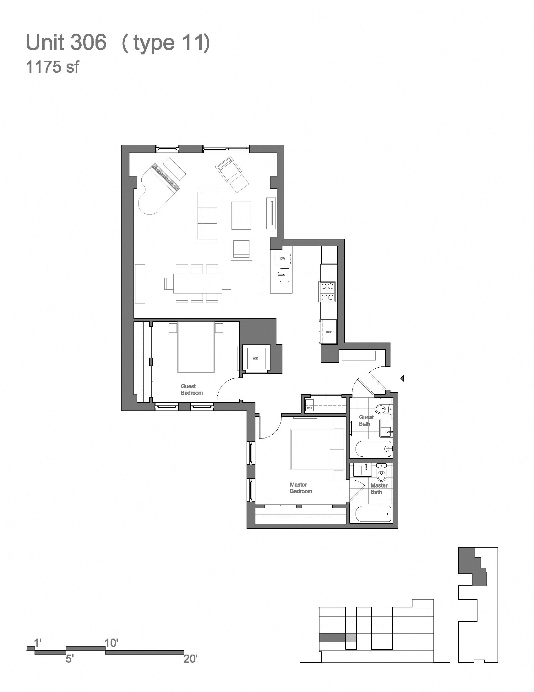 Floor plan for 2 beds, 2 baths, 1178 sqft