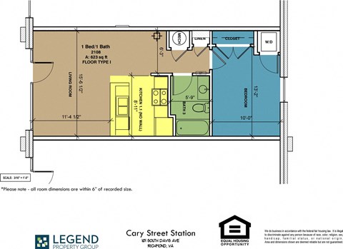 Floor plan for 1 bed, 1 bath, 623 sqft