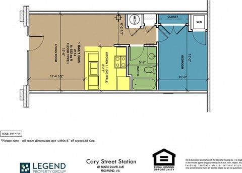 Floor plan for 1 bed, 1 bath, 622 sqft