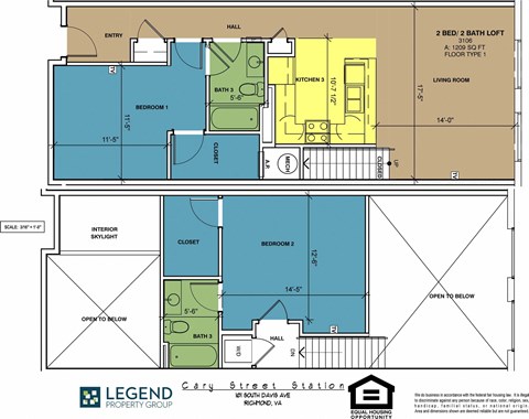 Floor plan for 2 beds, 2 baths, 1209 sqft