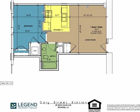 Floor plan for 1 bed, 1 bath, 622 sqft