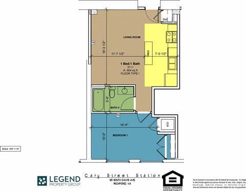 Floor plan for 1 bed, 1 bath, 604 sqft