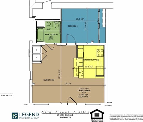 Floor plan for 1 bed, 1 bath, 864 sqft