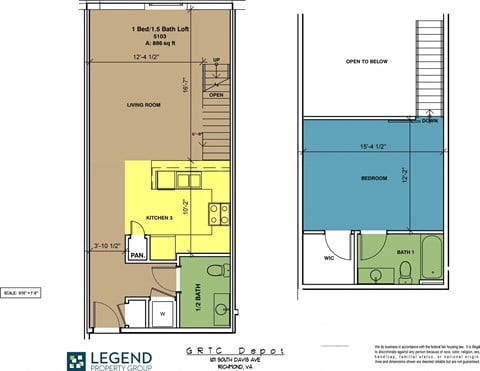 Floor plan for 1 bed, 1.5 baths, 886 sqft