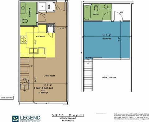 Floor plan for 1 bed, 1.5 baths, 856 sqft