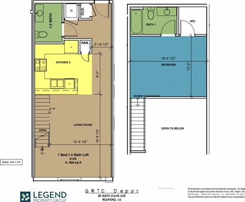 Floor plan for 1 bed, 1.5 baths, 886 sqft