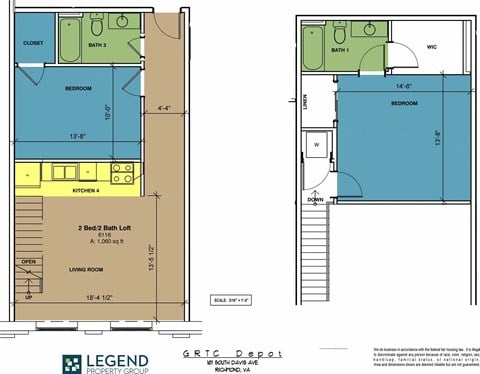 Floor plan for 2 beds, 2 baths, 1060 sqft