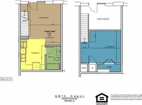 Floor plan for 1 bed, 1 bath, 641 sqft