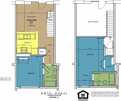 Floor plan for 2 beds, 2 baths, 942 sqft