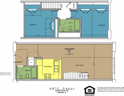 Floor plan for 2 beds, 2 baths, 1246 sqft