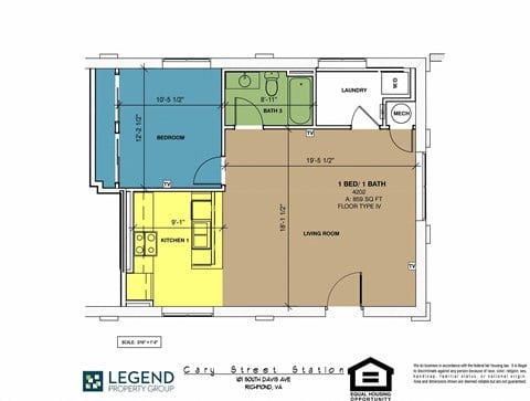 Floor plan for 1 bed, 1 bath, 775 sqft