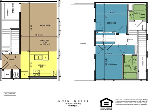 Floor plan for 2 beds, 2 baths, 1092 sqft