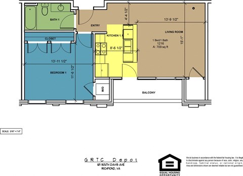 Floor plan for 1 bed, 1 bath, 709 sqft
