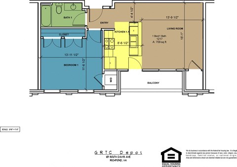 Floor plan for 1 bed, 1 bath, 709 sqft