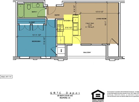 Floor plan for 1 bed, 1 bath, 709 sqft