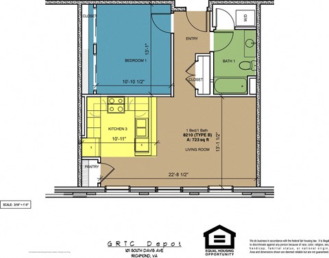Floor plan for 1 bed, 1 bath, 723 sqft