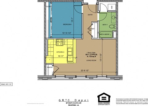Floor plan for 1 bed, 1 bath, 723 sqft