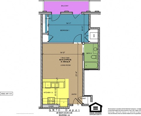 Floor plan for 1 bed, 1 bath, 593 sqft