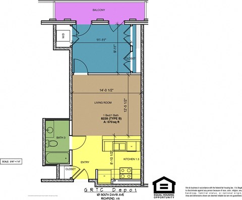 Floor plan for 1 bed, 1 bath, 570 sqft