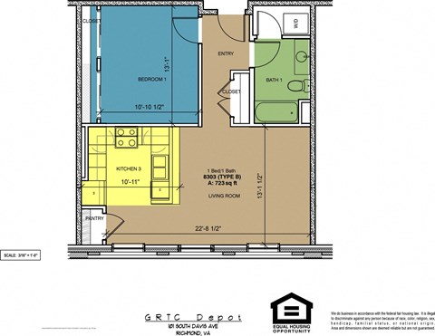 Floor plan for 1 bed, 1 bath, 723 sqft