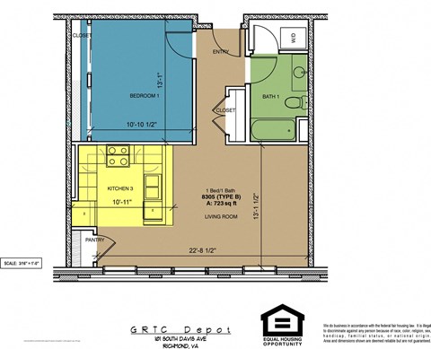 Floor plan for 1 bed, 1 bath, 723 sqft