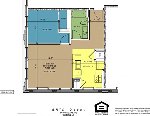 Floor plan for 1 bed, 1 bath, 705 sqft