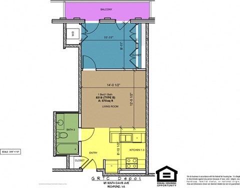 Floor plan for 1 bed, 1 bath, 570 sqft