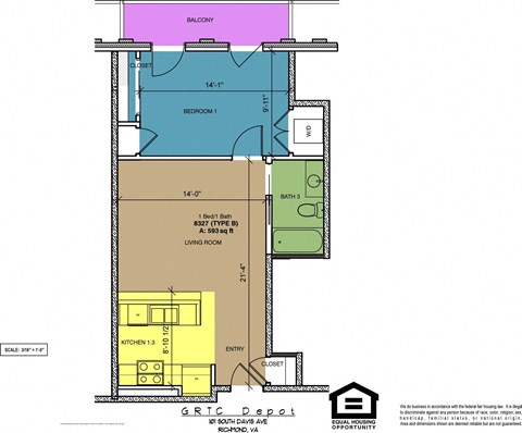 Floor plan for 1 bed, 1 bath, 593 sqft