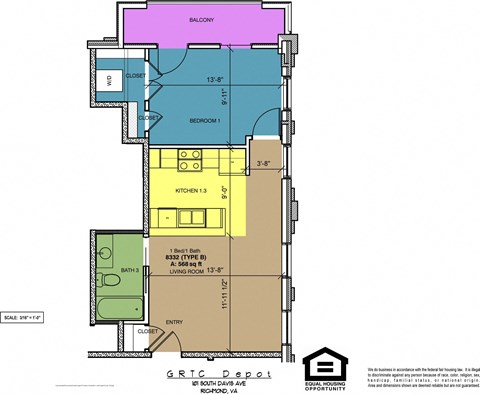 Floor plan for 1 bed, 1 bath, 568 sqft