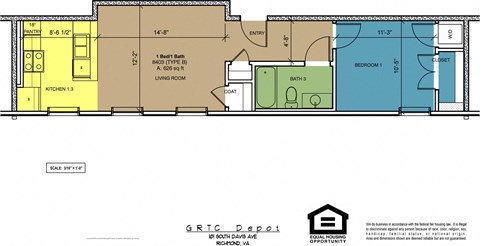 Floor plan for 1 bed, 1 bath, 626 sqft
