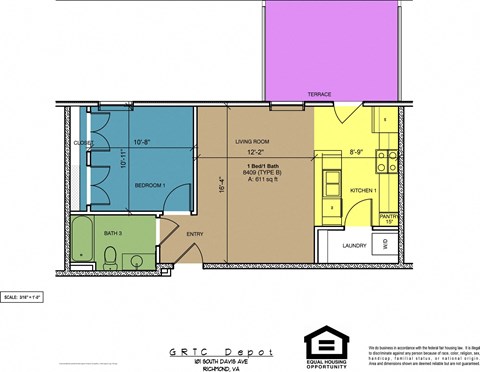 Floor plan for 1 bed, 1 bath, 611 sqft