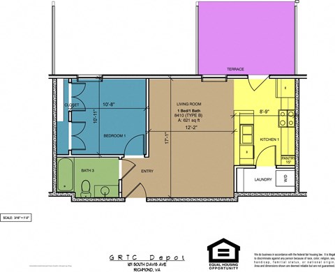 Floor plan for 1 bed, 1 bath, 621 sqft