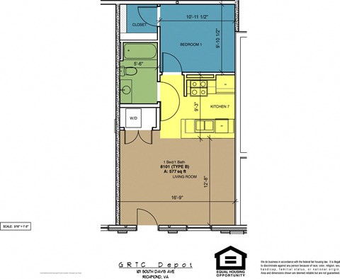 Floor plan for 1 bed, 1 bath, 577 sqft