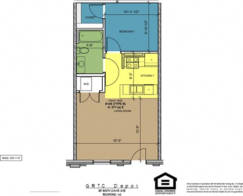 Floor plan for 1 bed, 1 bath, 577 sqft