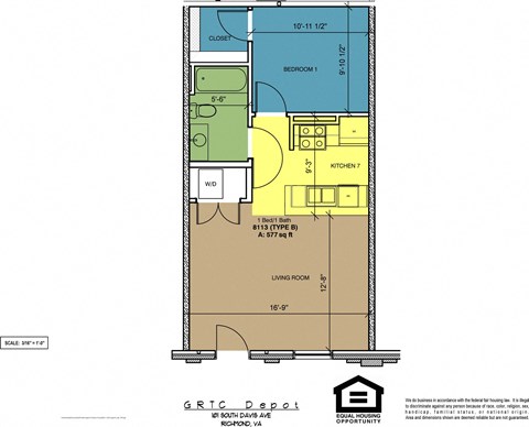 Floor plan for 1 bed, 1 bath, 577 sqft